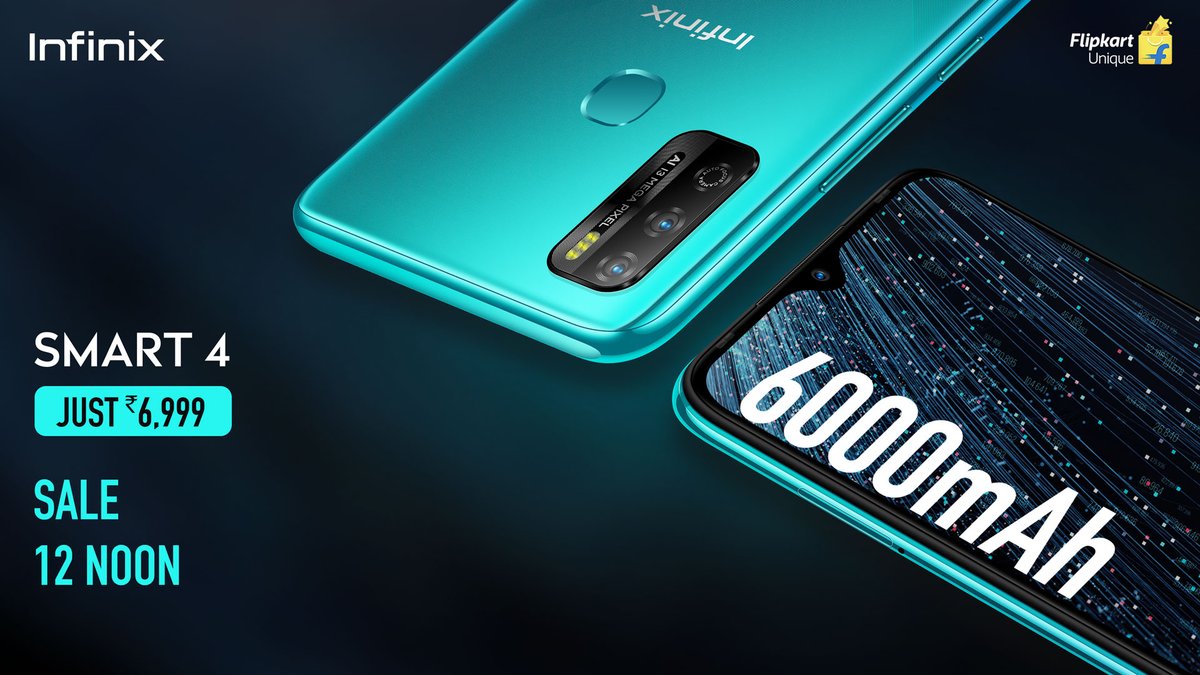 InfinixIndia's tweet photo. Get hassle-free experience of your Online Classes and feel the power of the-all-new #InfinixSmart4 equipped with Big 6000mAh Battery and 6.82HD+ Screen. Sale starts Today at 12 Noon on Flipkart.
Check out on Flipkart: https://t.co/7Pn0d0A8bN
#FullPower24Hr
#InfinixIndia https://t.co/ZIoNaoIpRR