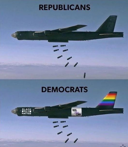 two images of the same plane aligned vertically; top plane is labelled REPUBLICANS and is releasing bombs; lower plane is labelled DEMOCRATS and is releasing bombs, while covered in the pride flag, Yes She Can and Black Lives Matter stickers