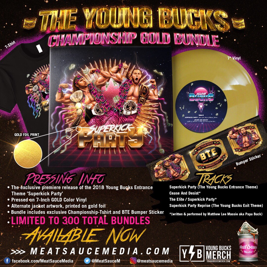 Huge #Superkickparty tonight to #celebrate <a href="/youngbucks/">Matt & Nick Jackson</a> #championship win at #AEWFullGear and the best way to celebrate is to rock out to Superkick Party on Championship #gold #vinyl only at meatsaucemedia.com with limited edition #tshirt <a href="/AEW/">All Elite Wrestling</a> #AEW #AllEliteWrestling
