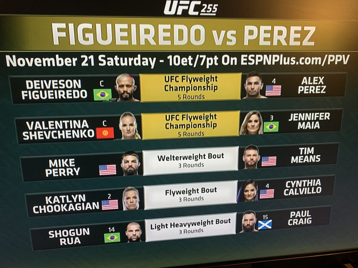DamonMartin's tweet photo. Here’s your #UFC255 main card with two flyweight title fights at the top https://t.co/7e03OKBGK1