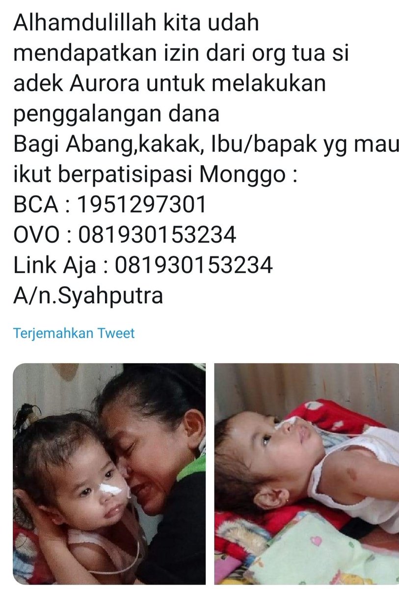 Innalilahi wainnailaihi Roji'un...
Telah berpulang ke Rahmatullah 
Adik kita
(GADIS AURORA)..
SURGA TEMPAT MU DEK
😭😭😭😭
Ternyata ALLAH LEBIH SAYANG SAMA MU Adik kecil... 
Terima Kasih kepada warga twitter yg sudah ikut membantu.. 
🙏🙏🙏🙏🙏