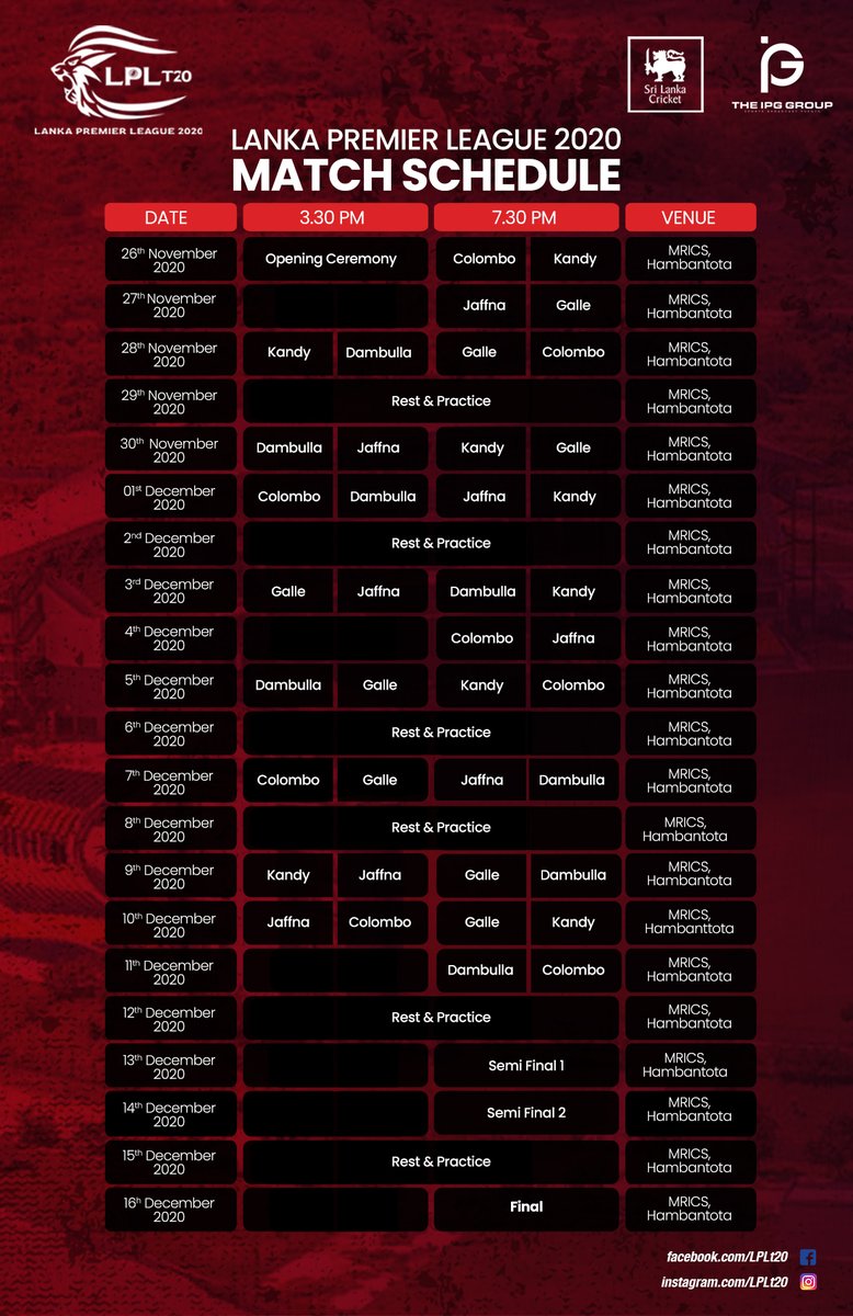 The Lanka Premier League 2020 will be held from 26th November, 2020 at the MRICS, Hambantota. #LPL #LPLT20
Full Schedule 👇