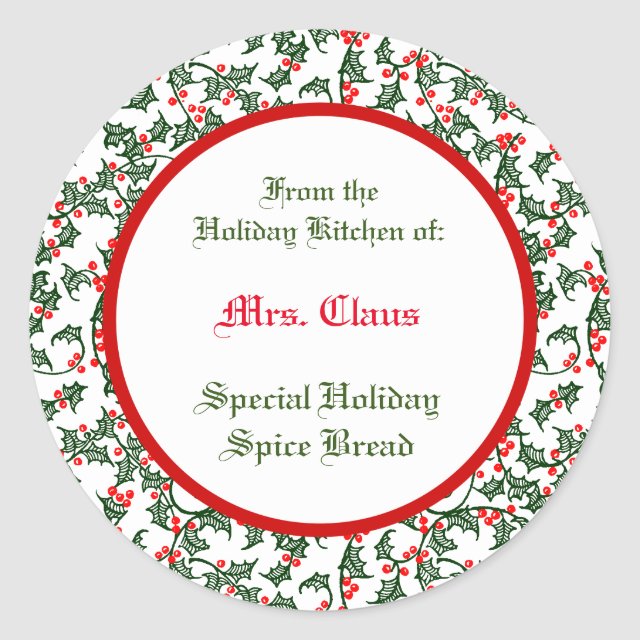 Custom #baking  or #canningstickers with red and green vintage and letters on a vintage holiday pattern of green #holly with bright red berries from my @Zazzle store #canners #canningsupplies zazzle.com/z/a4by5457?rf=…
