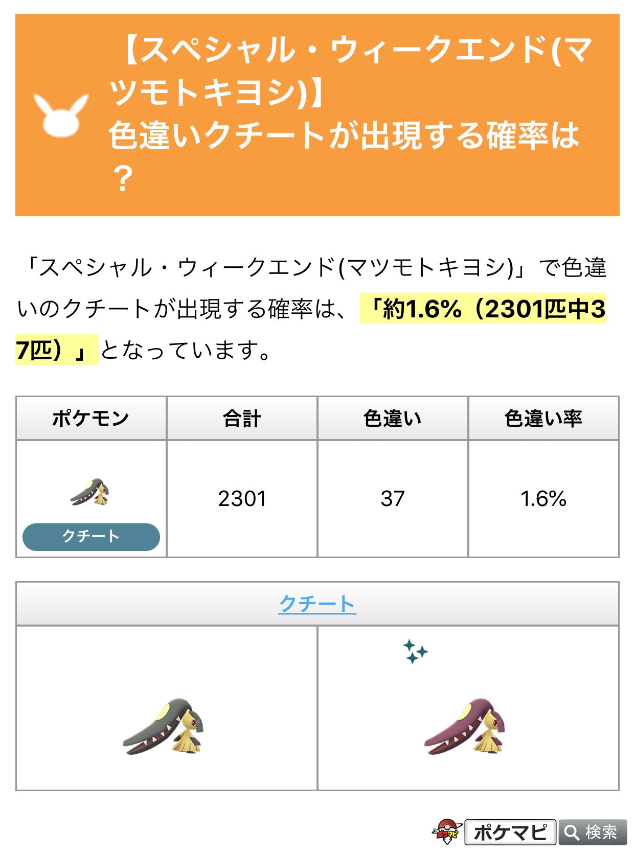 تويتر ポケモンgo攻略情報 ポケマピ على تويتر 年11月8日 日 14 頃の色違い状況中間報告です 記事では投稿した皆さんのコメントもご覧になれます クチート 色違い37 合計2301 色違い率1 6 T Co Qyomcnw8jx テッシード 色違い59 合計