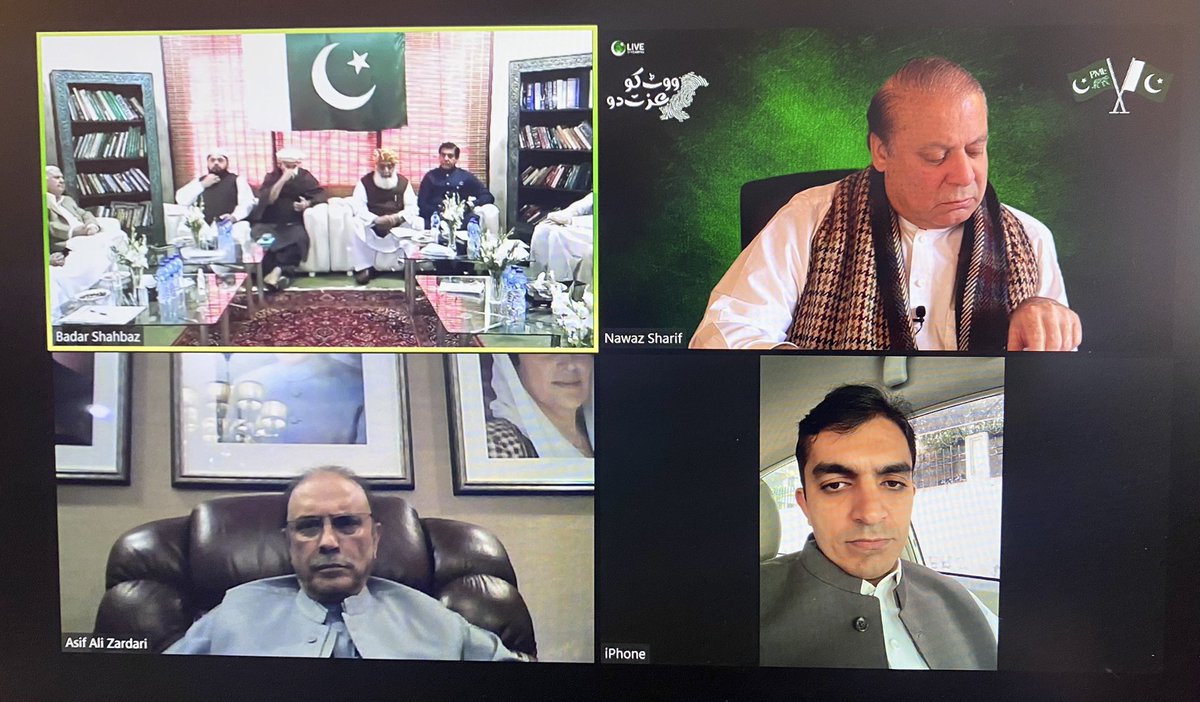 پاکستان ڈیموکریٹک موومنٹ کے رہنماؤں کا اجلاس شروع۔سابق صدر آصف علی زرداری، سابق وزیر اعظم میاں محمد نواز شریف اور محسن ڈاور کی بذریعہ ویڈیو لِنک شرکت۔

<a href="/MediaCellPPP/">PPP</a> <a href="/pmln_org/">PMLN</a> <a href="/mjdawar/">Mohsin Dawar</a> 
#PakistanDemocraticMovement