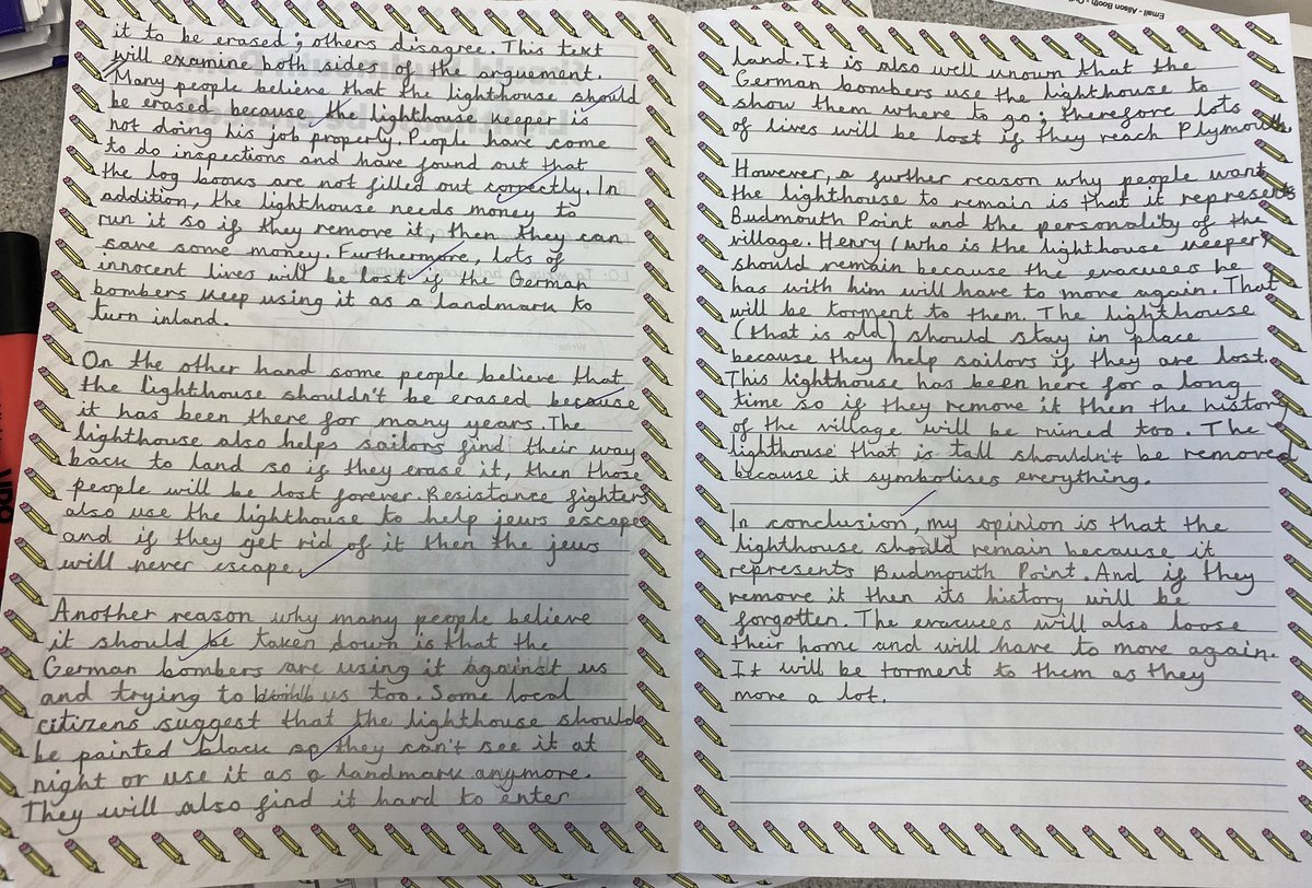 MissGrainger_HT's tweet photo. Some more super writing from Y6 @Richmond_HT This week we wrote another balanced argument based on whether the lighthouse should be removed in the book Letters from the Lighthouse by @emmac2603 #reading #writing https://t.co/sT8YueU0yV