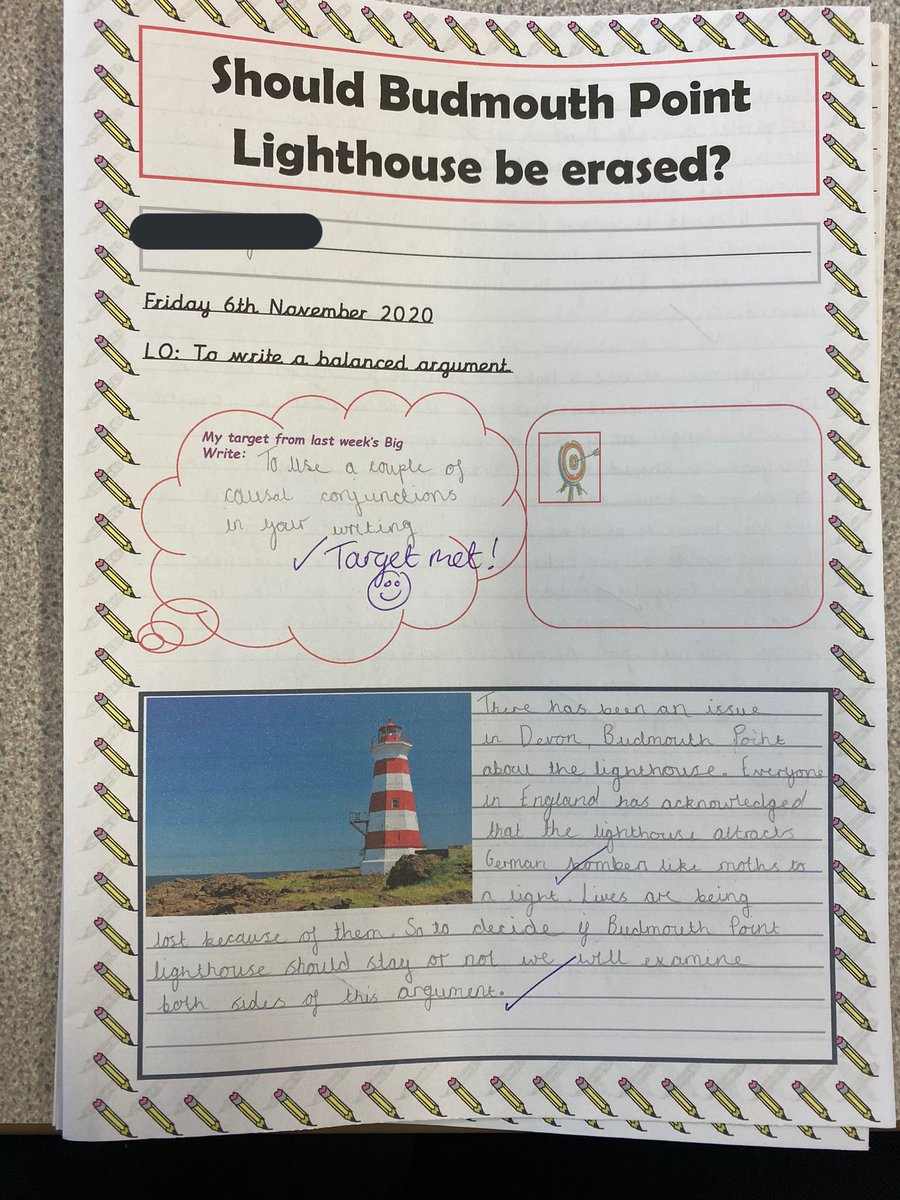 MissGrainger_HT's tweet photo. Some more super writing from Y6 @Richmond_HT This week we wrote another balanced argument based on whether the lighthouse should be removed in the book Letters from the Lighthouse by @emmac2603 #reading #writing https://t.co/sT8YueU0yV
