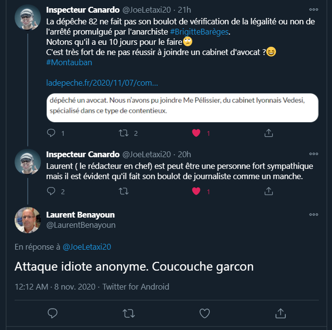 JoeLetaxi20's tweet photo. @LaurentBenayoun << Attaque idiote anonyme >>....🧐
Bon. De la part d'un journaliste débutant qui ne vérifie pas les allégations de ses interlocuteurs avant d'écrire ses articles, il ne fallait pas s'attendre à une prise de conscience...
Vs voulez connaitre mon nom? Pourquoi? 
Je me fous du votre https://t.co/icNE7ZWwER