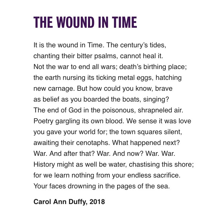 PoetryBookSoc's tweet photo. “It is the wound in Time. The century’s tides” - Carol Ann Duffy #RemembranceSunday https://t.co/RJxTr0l5Si