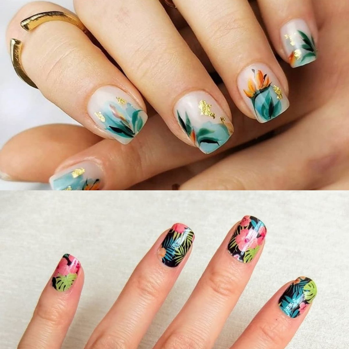 This tropical handprinted mani is sooo gorgeous 😍😍😍💅 and perfect for this gorgeous spring weather! 🏖️🍹🏝️ For those of us needing a more instant mani with zero nail skills, check out our Tropical Green Nail Wraps @LUSHIERE Image via: <a href="/nailitmag/">Nail It! Magazine</a> handprinted by <a href="/dianas/">dianas</a>.nail.art