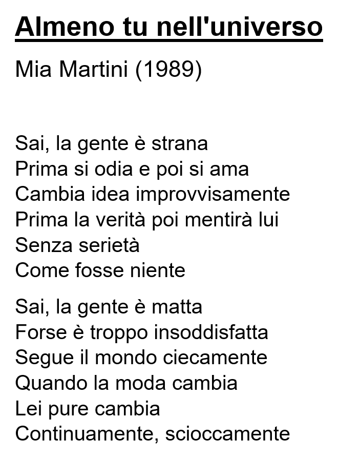rogetus's tweet photo. Què és la #intercomprensió?
Fes-ne una prova. Llegeix les dues primeres estrofes d'aquesta cançó d'amor de Mia Martini, "Almeno tu nell'universo" (1989).
L'has entesa globalment? Benvingut a la intercomprensió. Aquesta experiència la pots ampliar, multiplicar, perfeccionar. https://t.co/DumLHk7sJT
