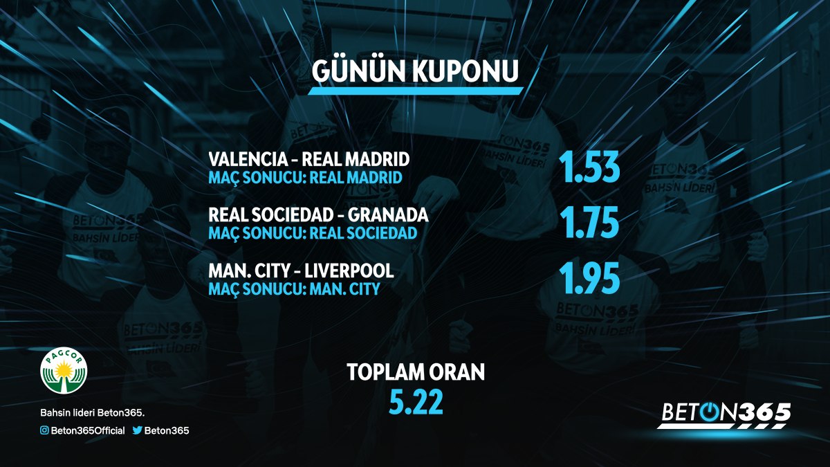 Tam  5.22  oran ile    günün banko  #kupon u ; analiz ekibinden . Sen de analiz ekibine katılmak istiyorsan banko kuponlarını DM’den gönder.

#beton365 #kupon #bahis #spor #karantina #pazar