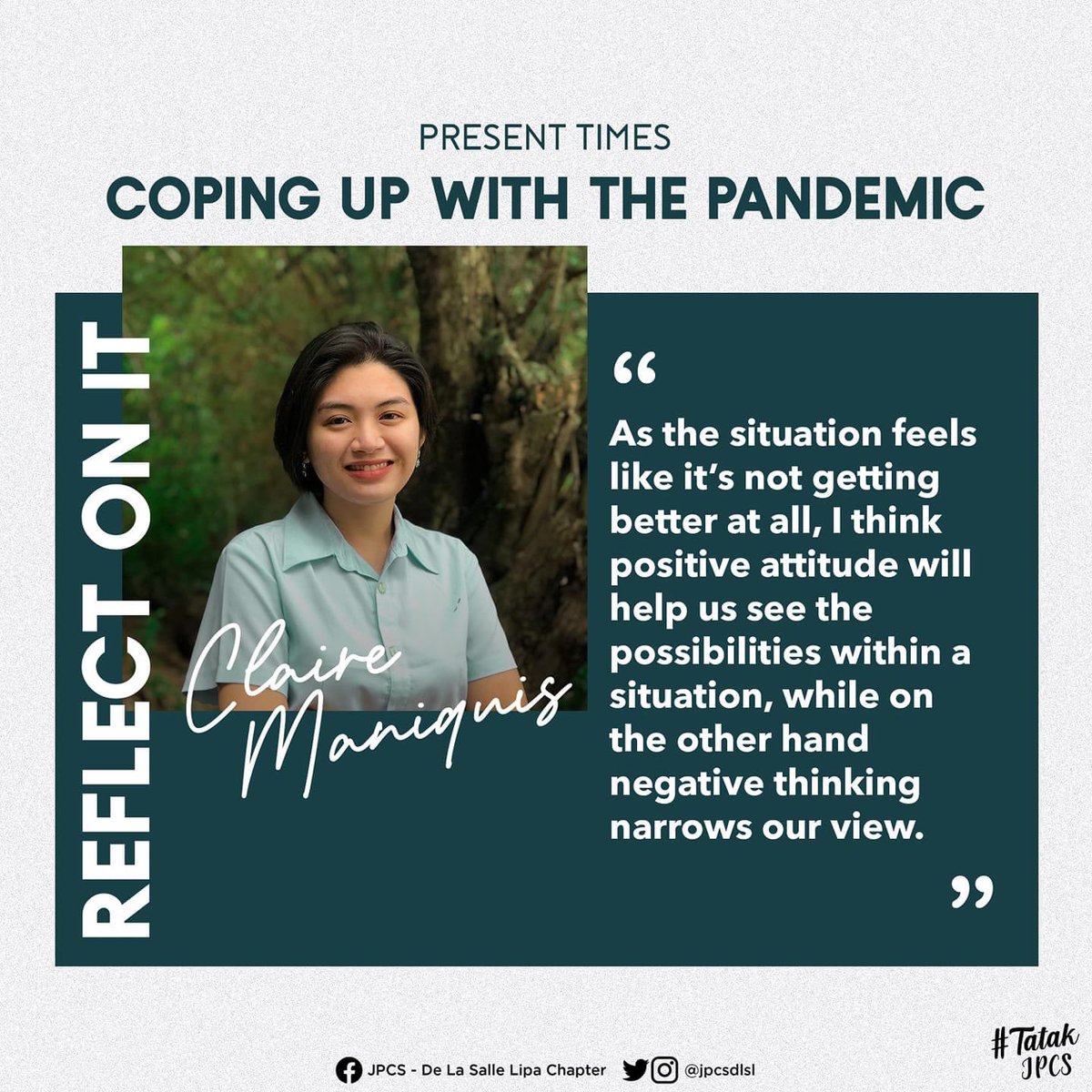 jpcsdlsl's tweet photo. Reflect On IT: Coping up with the Pademic Series 1 of 2
#ReflectOnIT
#TatakJPCS
Layout by Joseph Renzo Baldovino https://t.co/WnN8EuhG3f