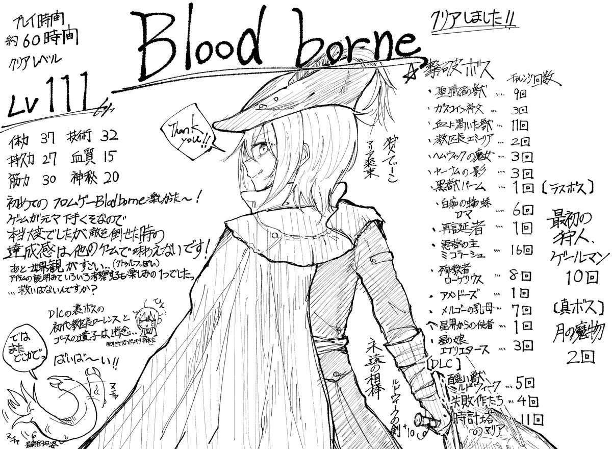 bloodborne!!!!ついにクリアしましたっ!!!!!!
苦戦して何度も挑戦して強敵に立ち向かうことで倒した時の達成感と自分の成長を感じる、これまでやったことのない新鮮な感覚でした?
そして、狂気なダークファンタジーな世界観も魅力的でこの3週間ずっと引き込まれ続けました!!
ありがとうございました‼️ 
