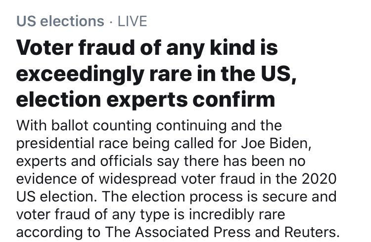 Alleged experts at Reuters and AP confirm that “voter fraud of any kind is exceedingly rare in the US.”Not sure if it’s rare or just not investigated enough. Look at the pushback Trump is facing for asking for a review.In Paterson NJ, a new election was called due to fraud.