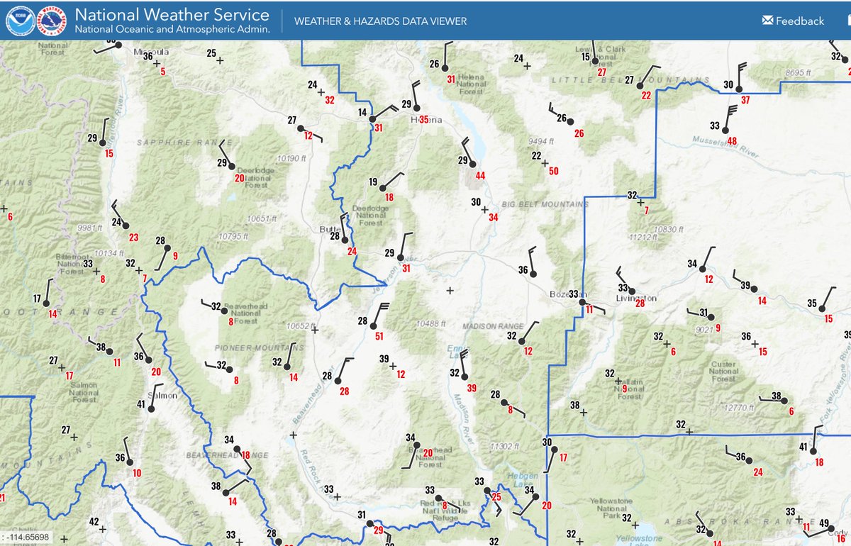 NWSGreatFalls's tweet photo. 1155 pm - Strong northerly winds have also spread south into the valleys of SW MT. Gusts of 25 to 35 mph are common, but some areas have gusts up to 50 mph! Snow is also spreading south into this area, which will make travel very hazardous. #MTwx #MTwinter https://t.co/kLhEQu7Pmx