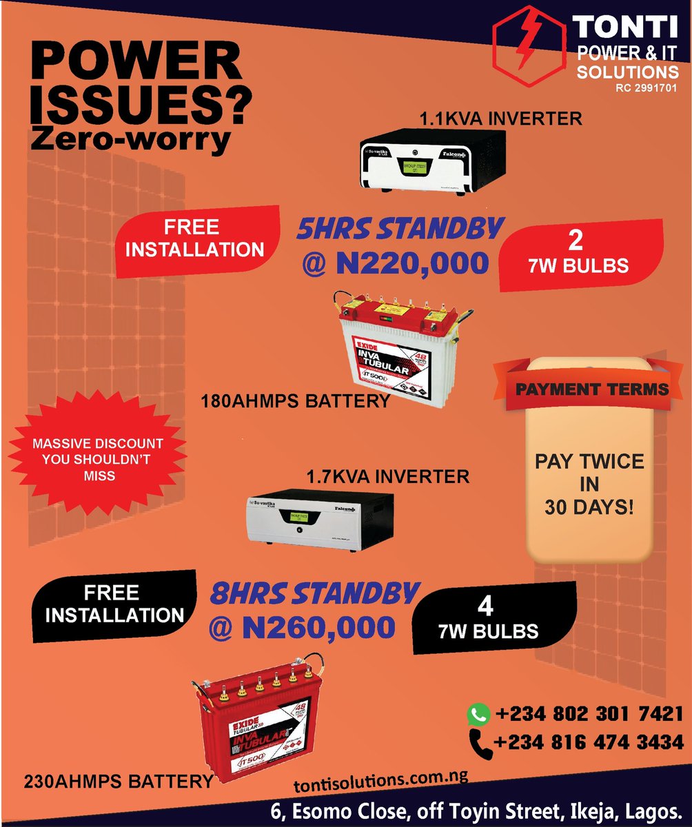 Massive discount on Solar & Inverter Installation. Never worry about electricity anymore. contact us: 08023017421, 08164743434
#solar #solarpanels #solarstreetlamp #solarstreetlights  #solarpower #solarelectricity #solarproject #batterystorage #nepa #phcn  #inverter #GreenEnergy