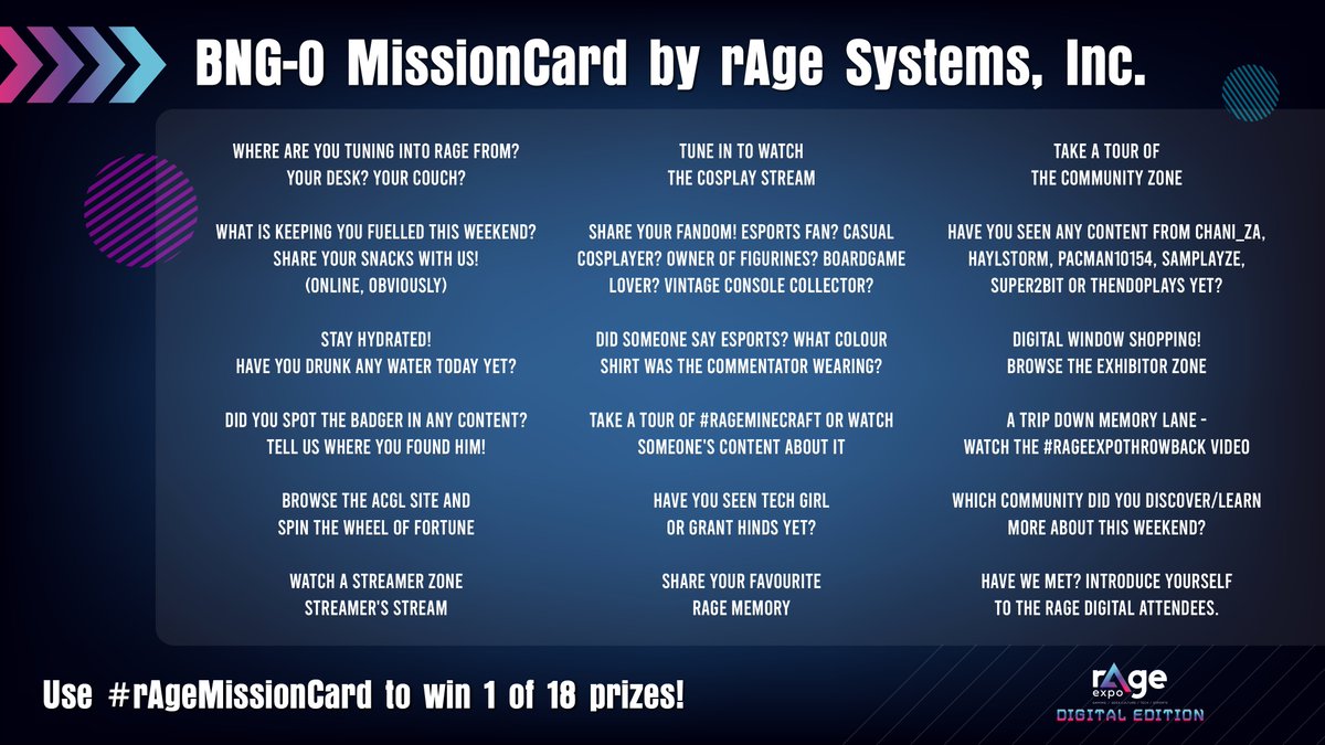 rAgeExpo's tweet photo. Final day to complete those #rAgeMissionCard tasks!
18 Tasks. 18 Prizes. All for our 18th birthday!
There are 6 prizes left up for grabs!
#rAgeExpo2020 #18yearsofawesome https://t.co/VXpoZfVtJT