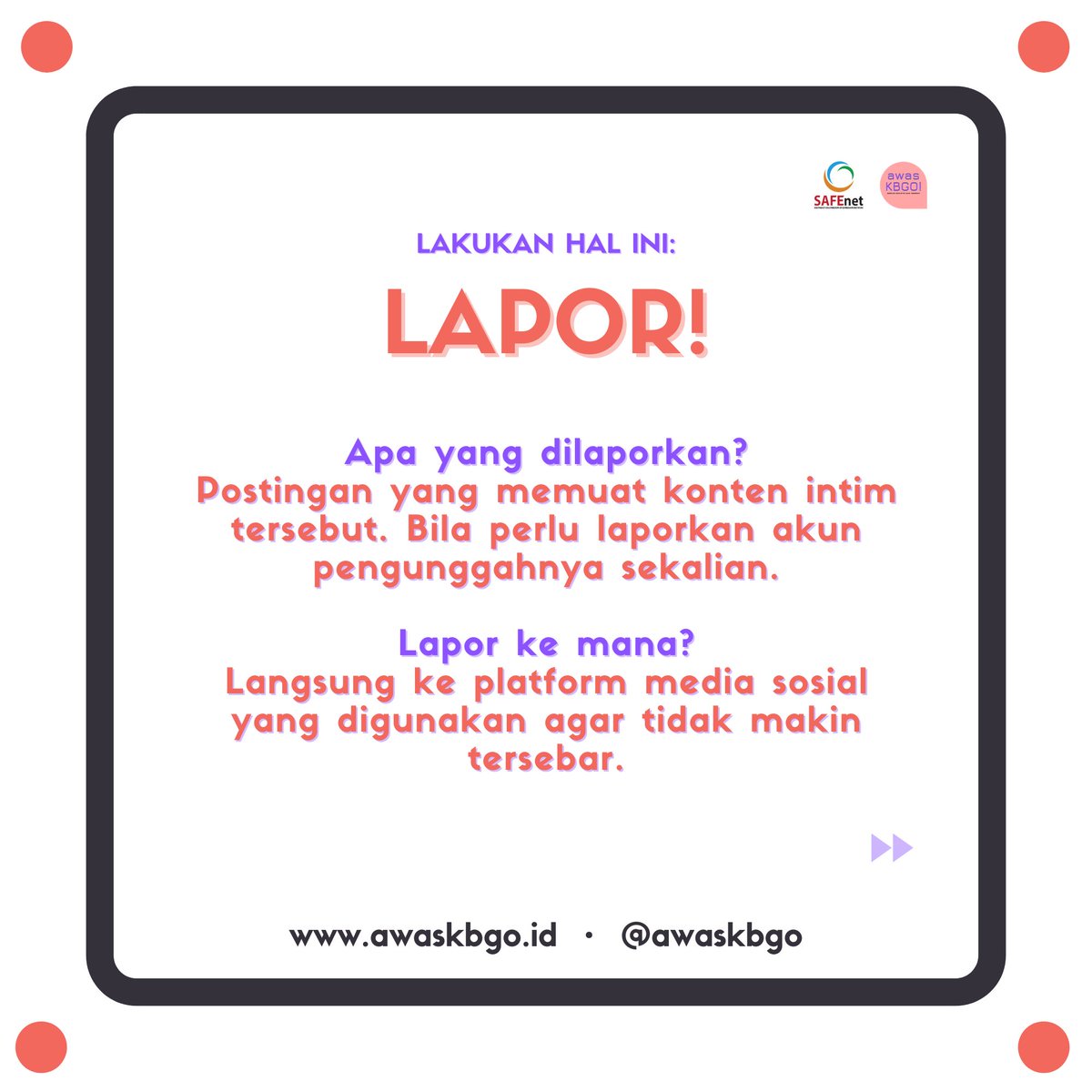 safenetvoice's tweet photo. Tidak perlu ba-bi-bu. Segera LAPORKAN unggahan yang memuat konten intim tersebut.
#STOPDIKAMU
- 3/4 - https://t.co/7kWYIcVKAN
