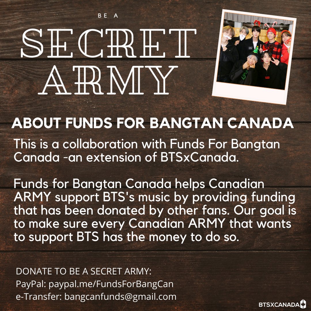 BTSxCanada's tweet photo. BE a Secret ARMY

Give an ARMY @BTS_twt album BE for the holidays by donating:
https://t.co/rMKbQds0Ww
BangCanFunds@gmail.com

Join our raffle and you might receive a surprise album this December: https://t.co/1Lpjd1NQ8u 

Hosted with @fundsforbangcan https://t.co/bD2WdBzmep
