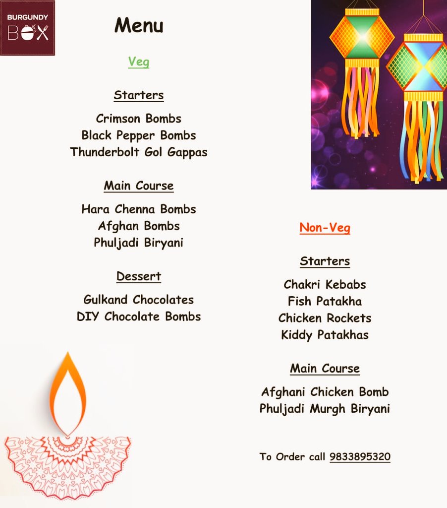 BurgundyBox's tweet photo. Introducing Diwali Special Menu

To order call +919833895320
Or
WhatsApp https://t.co/XLQjmLGie8
Or
Visit us on https://t.co/n7JMr9vAGP

Use code Feast20 to avail 20% discount on all orders above INR 350 on our website. https://t.co/qVm5kLAqmh