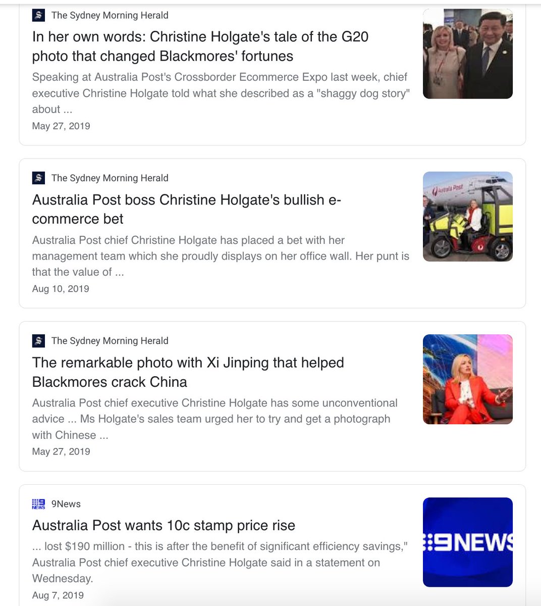 Media articles mentioning Ms Holgate personally from Nov 2017 to Feb 2020 were scattered & appeared to focus mainly on the operations of Aust Post.Many of these appear to be generated* from Aust Post itself trying to rationalise the changes made in services.(*corporate comms)