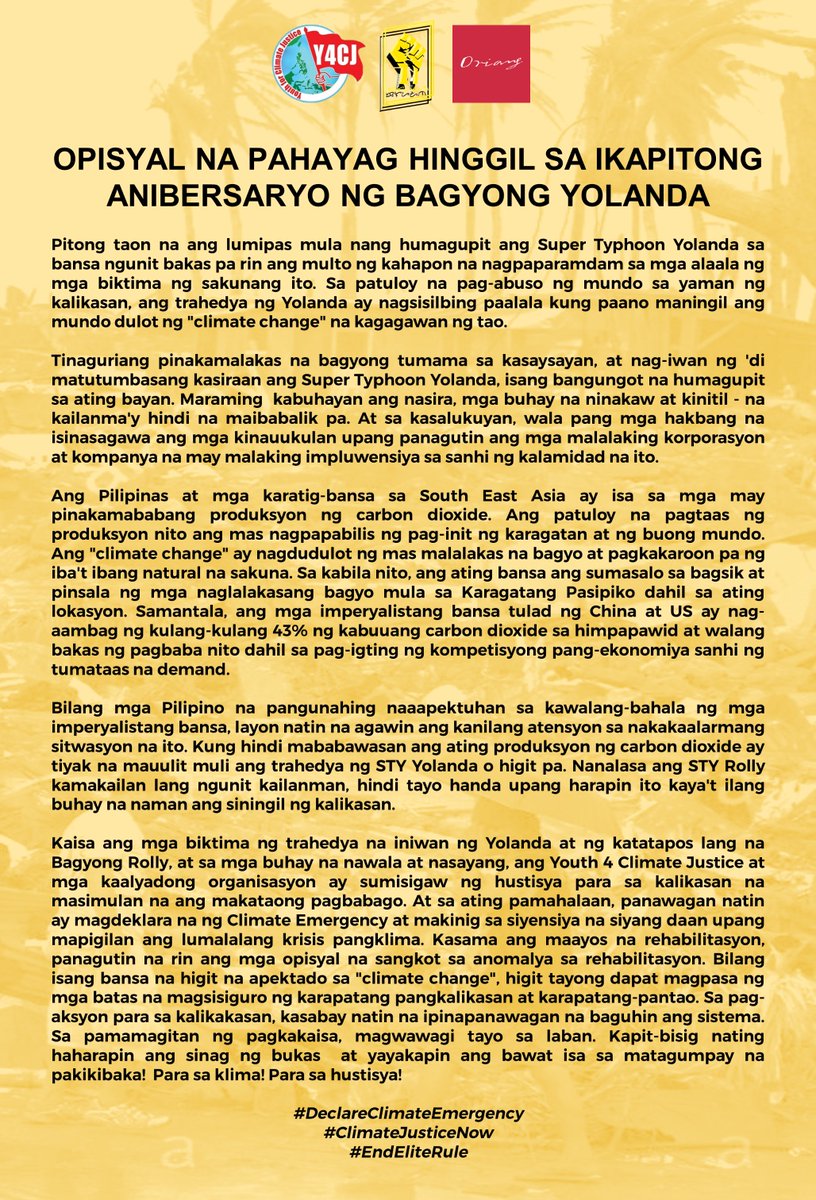 OPISYAL NA PAHAYAG HINGGIL SA IKAPITONG ANIBERSARYO 
NG BAGYONG YOLANDA

#DeclareClimateEmergency
#ClimateJusticeNow
#EndEliteRule