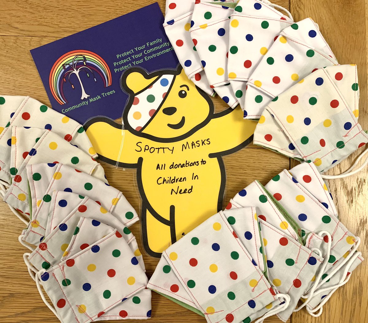MaskTrees's tweet photo. A mask tree in Amesbury is offering homemade spotty masks to raise funds for Children in Need! @ChiIdreninNeed @BBCSouthNews  @BBCWiltshire https://t.co/164CBZWs0R