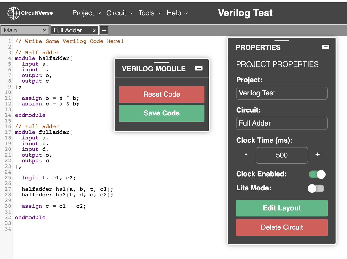 CircuitVerse's tweet photo. We have introduced a new feature - Verilog Simulation!🎉Check it out at: https://t.co/UPRMdWBAlD
Steps to test along with sample Verilog code are below! 👇
#verilog #opensource #javascript #newfeature #developers #circuits #simulation #FOSS #Coding https://t.co/5BFczQZGLI