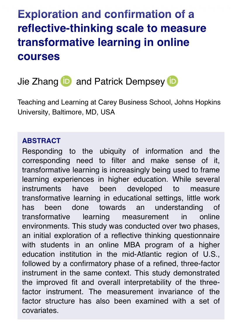 Exploration and confirmation of a reflective-thinking scale to measure transformative learning in online courses  https://www.tandfonline.com/doi/epub/10.1080/02602938.2018.1520194