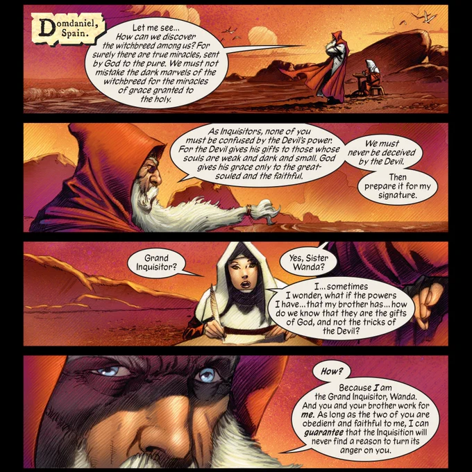 also in this comic we have magneto (a jewish man) as the leader of the spanish inquisition, which got introduced in this comic with a description of a jewish person being burned at the stake, who's also persecuting mutants aka "witchbreeds" hypocritically 