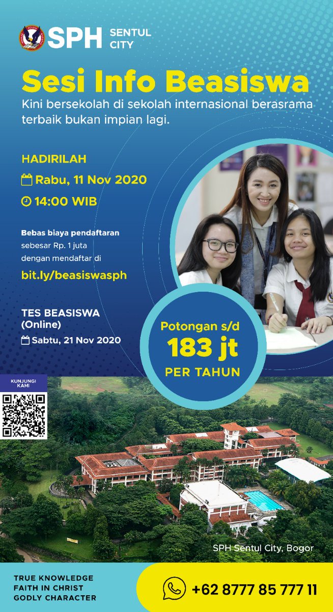 MaLippoCikarang's tweet photo. BEASISWA SPH SENTUL CITY

SPH Sentul City memberikan beasiswa bagi siswa berprestasi s.d  Rp.183 jt/thn
Jgn lewatkan kesempatan ini. Hadiri:
SESI INFORMASI BEASISWA
RABU, 11 NOV 20 @ 2PM

Daftar segera di
https://t.co/XFVpf6j57r
utk mendapatkan potongan biaya pendaftaran  Rp.1 jt https://t.co/U3OIn7rnRD