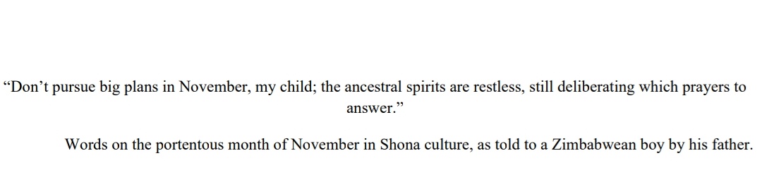 t_bengz1's tweet photo. "Don't pursue big plans in November, my child; the ancestral spirits are restless, still deliberating which prayers to answer."
Doug I think I now need a crystal explanation of this quote in your book. Where did it originate?
#TwoWeeksInNovember
@douglasprogers https://t.co/s8KmspIgXf