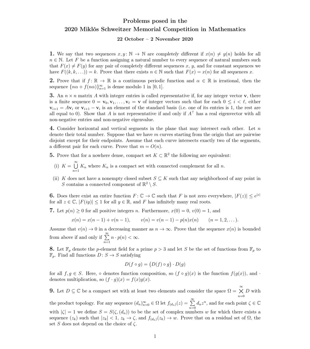 Tamas Gorbe Here Are The Schweitzer Problems This Is One Of The Toughest Maths Competitions Out There Prominent Hungarian Mathematicians Set 10 Problems And Competitors Have 10 Days To