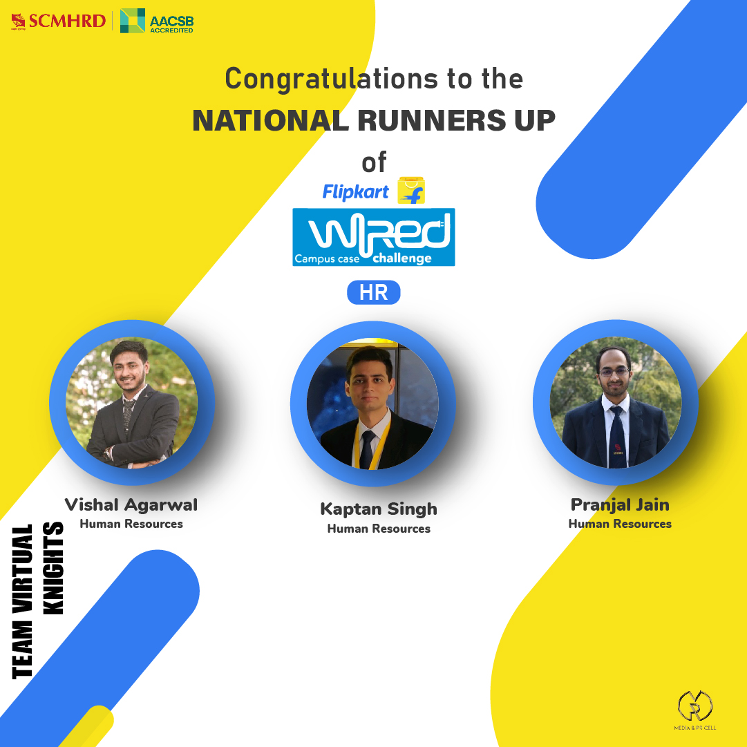 SCMHRDian's tweet photo. We feel immense pleasure in announcing that Team Virtual Knights has been declared as the National Runners up of #Flipkart #WiRED 4.0, HR track.
We are proud of the team and hope that they continue to inspire us and win many such accolades.
#GetWiRED #YourChanceToChange #SCMHRDxp https://t.co/8QaAany0V9