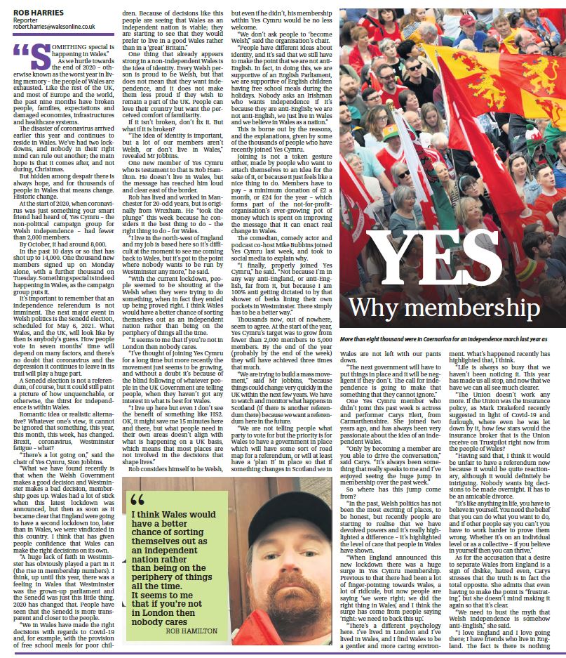robharries83's tweet photo. My two-page spread in today's Wales on Sunday about Welsh independence. No matter where you stand on the idea, you can't ignore that something has happened -  something has changed - in the past two weeks. 

The conversation just got a whole lot louder. https://t.co/I1pA3CHMKb