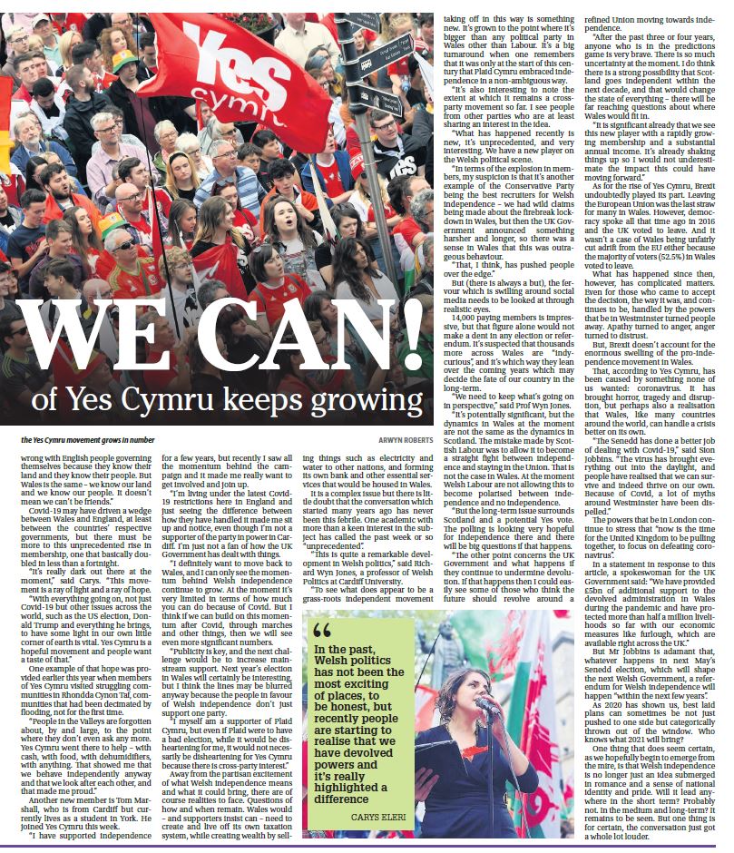 robharries83's tweet photo. My two-page spread in today's Wales on Sunday about Welsh independence. No matter where you stand on the idea, you can't ignore that something has happened -  something has changed - in the past two weeks. 

The conversation just got a whole lot louder. https://t.co/I1pA3CHMKb