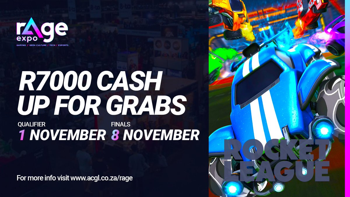 ⚽️ #RocketLeague live from 12h00 with R7,000 up for grabs in the <a href="/rAgeExpo/">rAge Expo</a> tournament.

🎙 <a href="/jingerboogie/">Muzz</a> | <a href="/Ulturism/">Ulturism</a>

📺 Catch the action here: youtube.com/watch?v=btFMA6…

#rAgeExpo2020 #SAesports #EsportsZA #SAgaming #GamingZA #esports #AfricanEsports #RLza