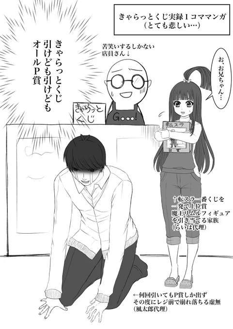 そしてこれはP賞しか出なかった悲しい現実の己のくじレポ1コマ漫画…?目の前に四葉のマルチクロスはあるのに崩れ落ちるしかなかった 