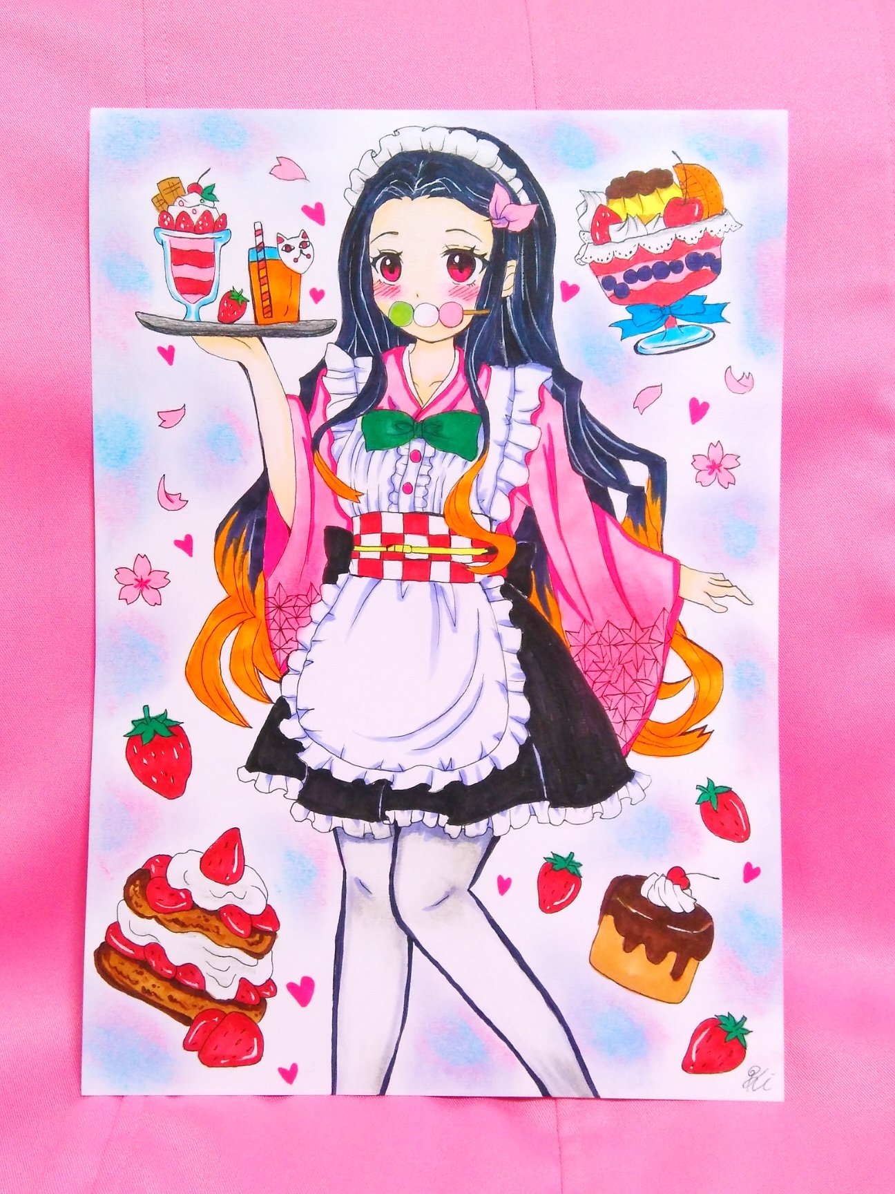 Himeno メイドバージョンの禰豆子ちゃんを描いてみました 竈門禰豆子 かまどねずこ ねずこちゃん 手描き イラスト 手書きイラスト 鬼滅の刃 和風メイド メイド 禰豆子コスプレ アニメオタク アニメ好き 和風ロリータ ピンク大好き