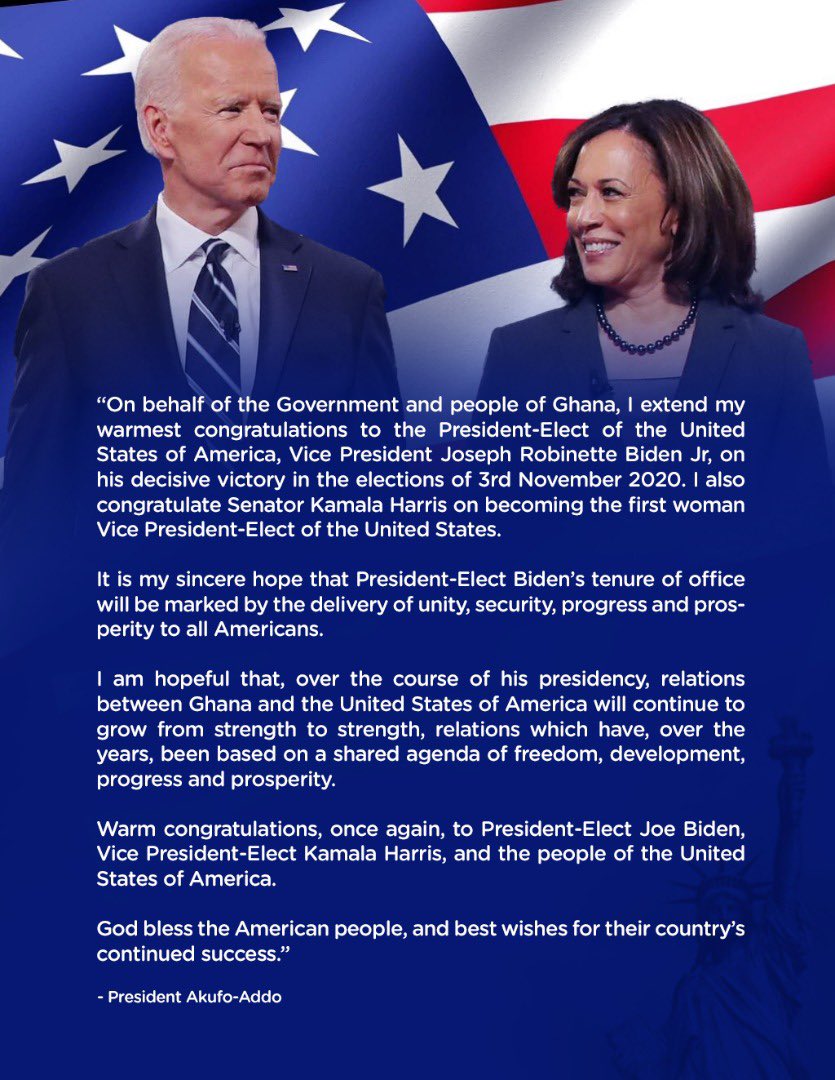 AmeyawDebrah's tweet photo. On behalf of the government of Ghana i say congratulations to .@JoeBiden and .@KamalaHarris https://t.co/jqLWCvSWx3
