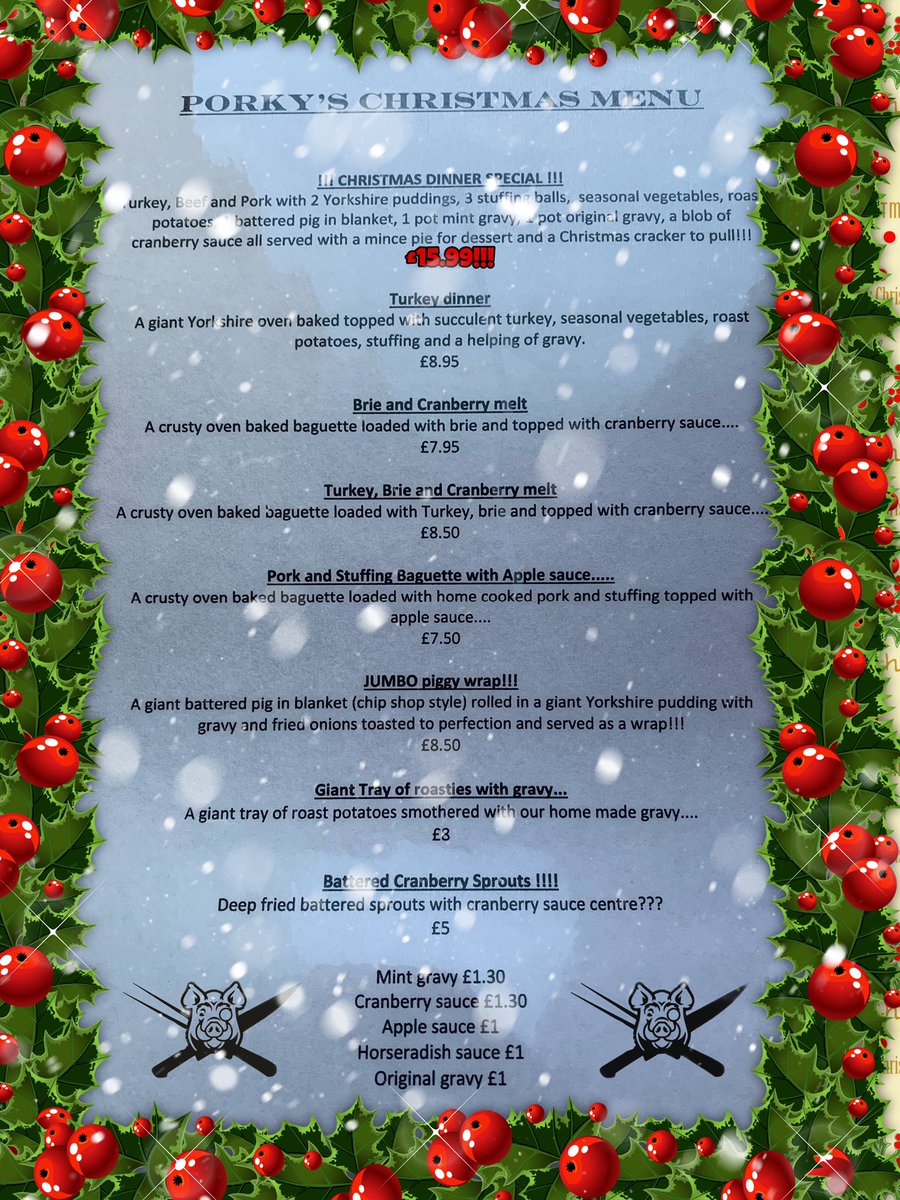 CHRISTMAS STARTS TODAY THIS YEAR WITH PORKY PIG!!! 🎄 🎁 🎄 
LETS GET IN THE CHRISTMAS SPIRIT EARLY AND FORGET 2020 👋👋👋
HERES SOME OF OUR CHRISTMAS MENU ITEMS WITH A TWIST????
PLEASE SHARE SHARE SHARE!!!!!!!
0161 3251800 home delivery and just eat, Uber eats, Deliveroo online