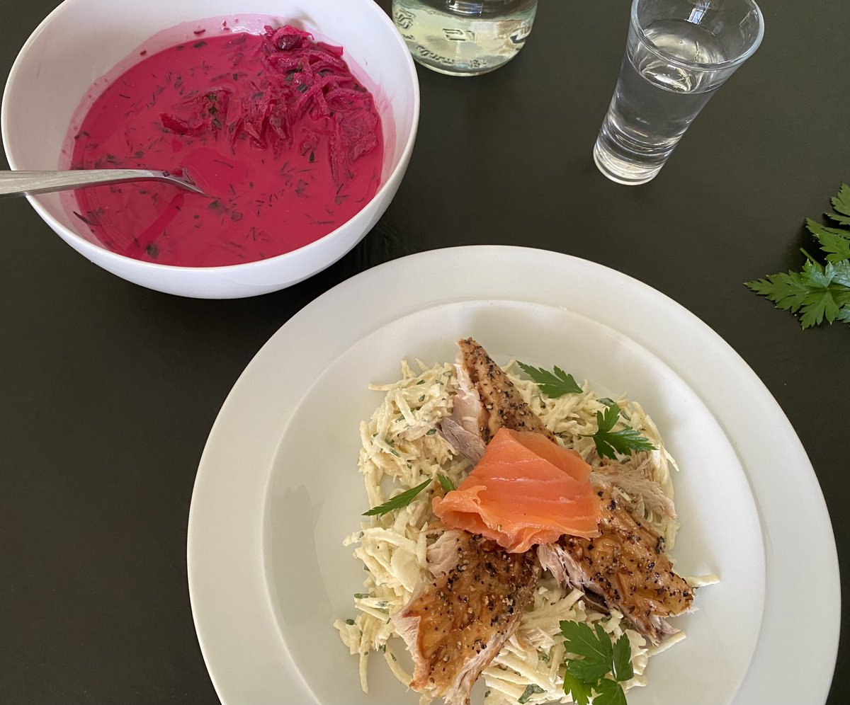 Alcohol to enjoy doing #LCHF ? Spirits such as vodka are the go to...Pair with healthy fats, and nutrients dense food. ..Beetroot Chlodnik, Smoked Fish and Celeriac Remoulade 🍽 #nutritionalketosis #foodpairing #weightlosstransformation #nutrients