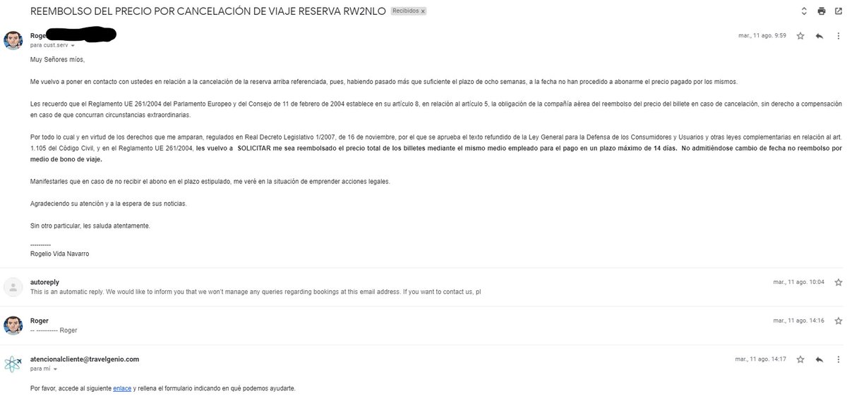 VidaRoger's tweet photo. @travelgenio @aparedesgascon El día 12/05 y el 11/08 abrí sendos tickets en su servicio de atención al cliente explicando detalladamente el caso, ya tiene esa informacion hace meses. Ese mismo 11/08 mande email a customer.service@travelgenio.com con otro requerimiento y nada. Dejad ya de marear y actuar. https://t.co/tT9DbTAapo