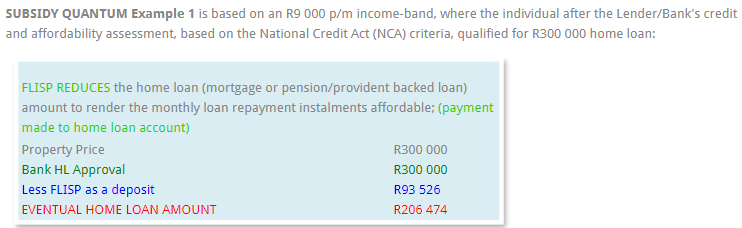 5. What if I already qualify for the full amount of the home loan from the bank?If you qualify for the full amount of the home loan, FLISP can be used as a deposit to reduce your loan with the bank. Here's a worked example from the National Housing Finance Corporation (NHFC).