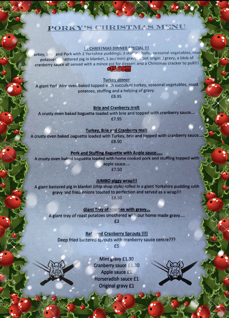 UKcateringevent's tweet photo. CHRISTMAS STARTS TODAY THIS YEAR WITH PORKY PIG!!! 🎄 🎁 🎄 
LETS GET IN THE CHRISTMAS SPIRIT EARLY AND FORGET 2020 👋👋👋
HERES SOME OF OUR CHRISTMAS MENU ITEMS WITH A TWIST????
PLEASE SHARE SHARE SHARE!!!!!
0161 3251800 home delivery and just eat, Uber eats, Deliveroo online ❤️ https://t.co/Gstq3R6wYb