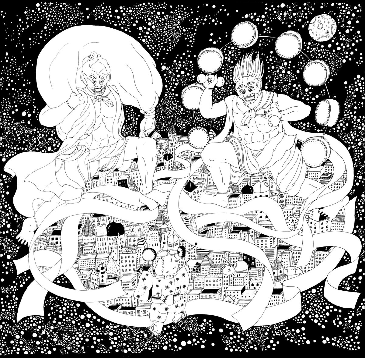 風神雷神！
息子くんのパワーはまるで風も雷もよびおこすよう！
#風神雷神
#art #illustration #ArtistOnTwitter #アート好きな人と繋がりたい #アートのある暮らし #drawing #blackandwhite #pen #japan #ペン画 #白黒