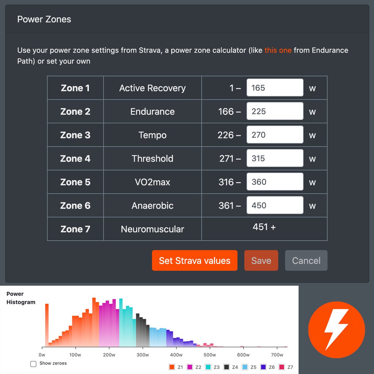PowerMeterCC's tweet photo. PRO users can now set custom Power Zones using the Settings page 👍 Working on a summary report of time spent in each zone
.
🏆 _ _ _ 🚴‍♀️💥💨 
.
.
#powermeter #powermetertraining #watts #strava #zwift #powertap #quarq #stages #4iiii #srm #power2max #triathlon #stravacycling https://t.co/tn5bwggMPa