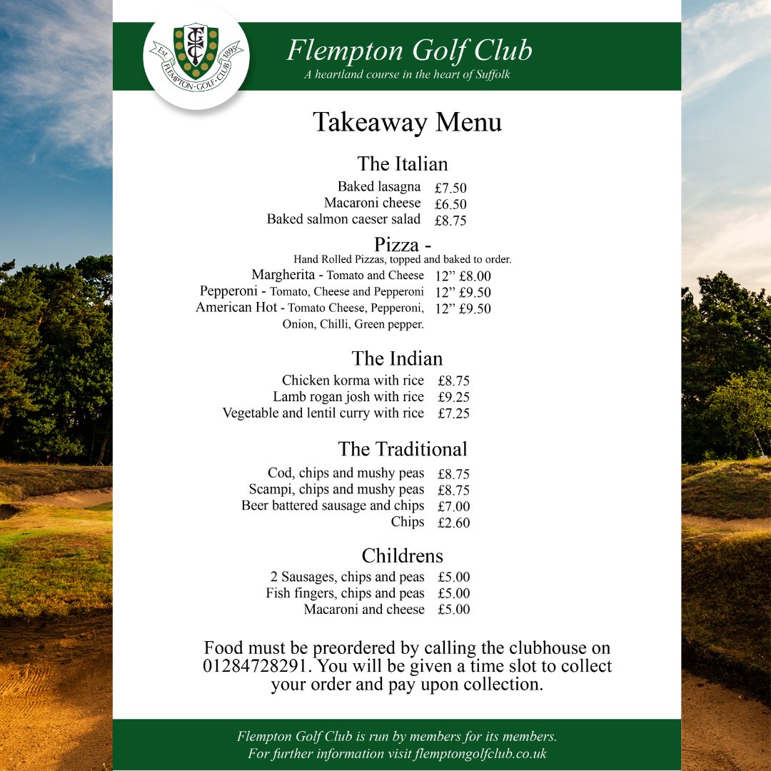With the sad news to close golf courses, we are happy to offer takeaway food from our clubhouse for members and local communities.
We want to thank you for supporting us and we look forward to seeing everyone in 4 weeks time. 

#flemptongolfclub #lockdownmenu #takeaway