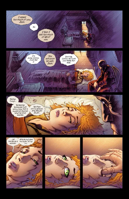 jean grey is disguised as a boy to all but a select few. to get to the final battle, she made a ship fly across europe with her mind powers. this kiIIed her. "i am sorry i could not give [scott] what he most wanted." then scott laserbeams her corpse midair with his eye lasers 